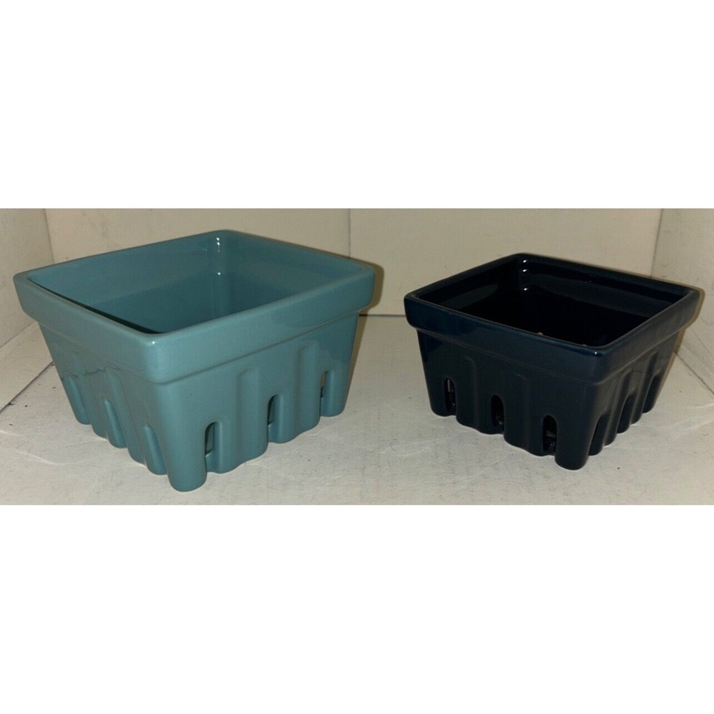 Katie Kime Ceramic Berry‎ Basket Farmhouse Fruit Strainer Lot of 2 Nesting Blue